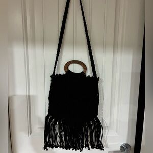 Danielle Nicole Black Fringe Macramé Shoulder Bag